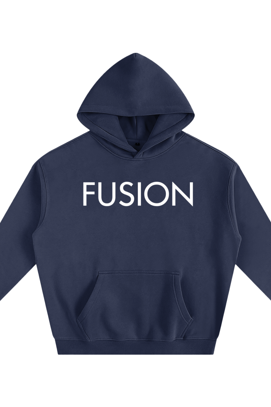 The Dark Fusion - Oversize Fleeced Hoodie features a navy blue design, front pocket, and bold FUSION print in white, delivering affordable luxury with everyday comfort and style.