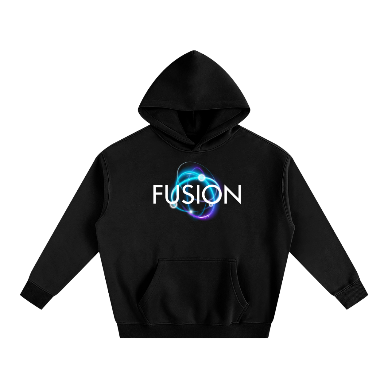 The Dark Atom - Oversize Fleeced Hoodie is a black hoodie with a front pocket, FUSION in white uppercase letters, and a glowing blue-purple abstract energy design—perfect for those seeking affordable luxury with bold style.