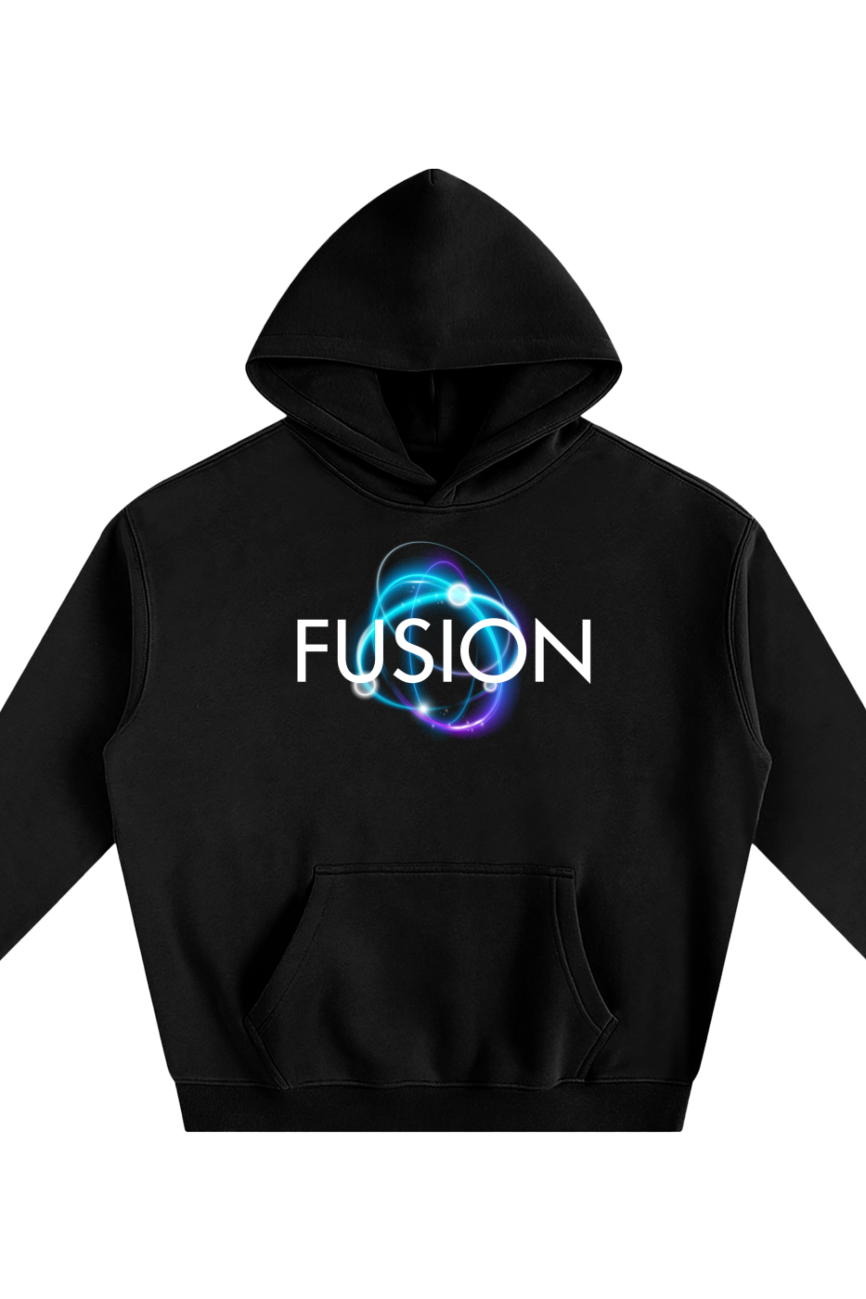 The Dark Atom - Oversize Fleeced Hoodie is a black hoodie with a front pocket, FUSION in white uppercase letters, and a glowing blue-purple abstract energy design—perfect for those seeking affordable luxury with bold style.