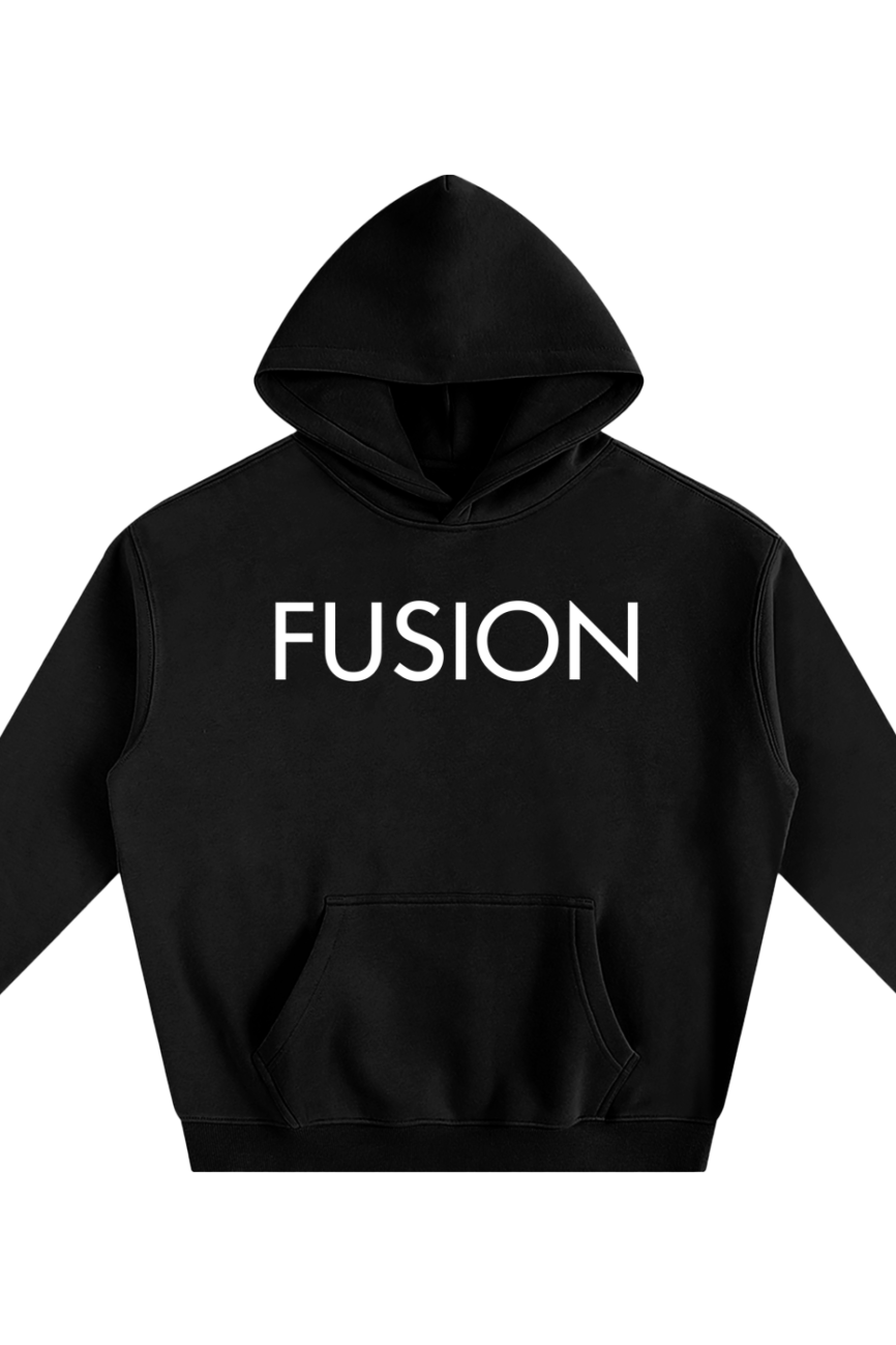 The Dark Fusion - Oversize Fleeced Hoodie features a front pocket and bold white FUSION lettering across the chest, delivering affordable luxury and modern style in a sleek black design.