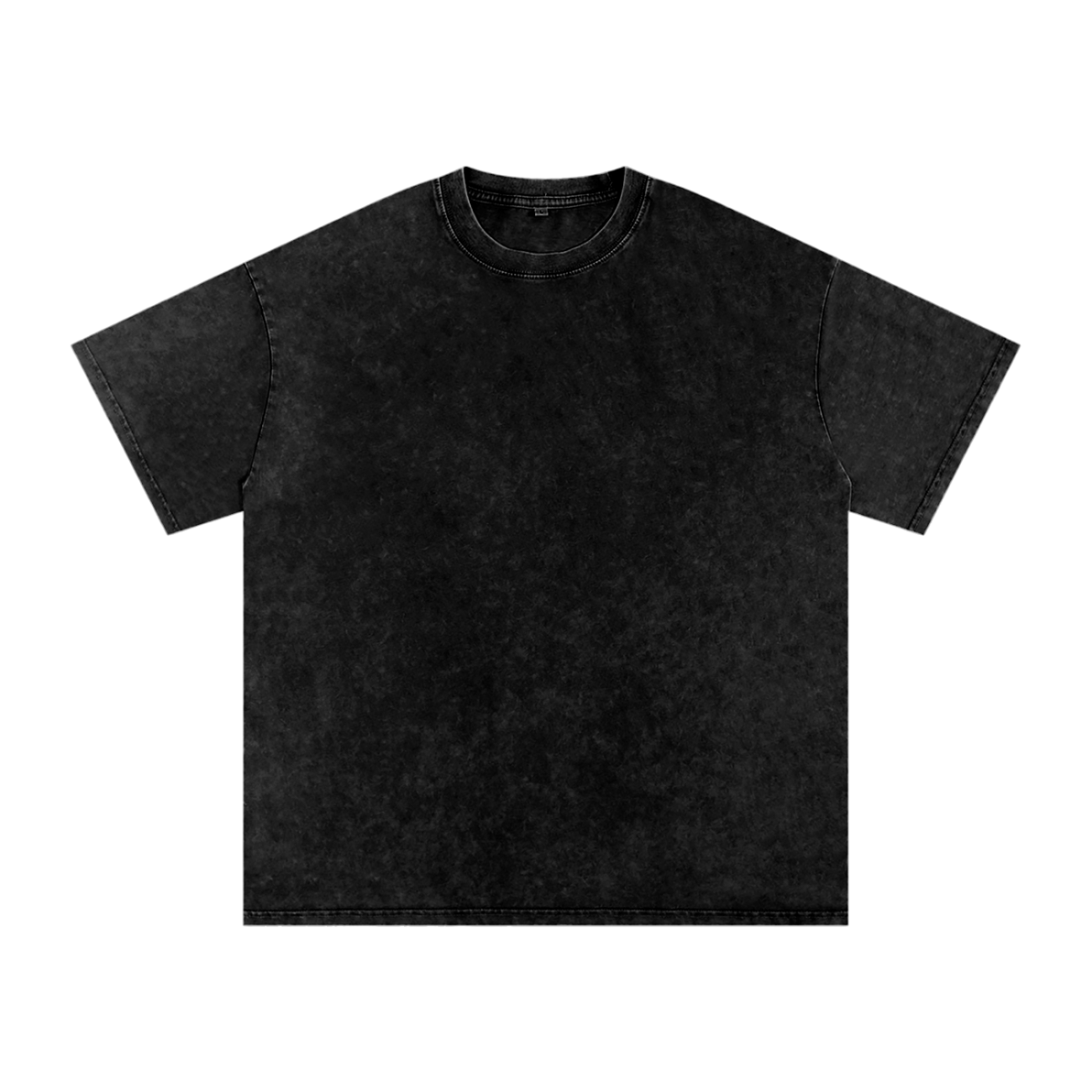 The Acid Wash Oversize T-Shirt - 250 GSM features a plain black, short-sleeve design with a vintage wash for an affordable touch of luxury. Laid flat on a white background, it showcases its subtly faded front.