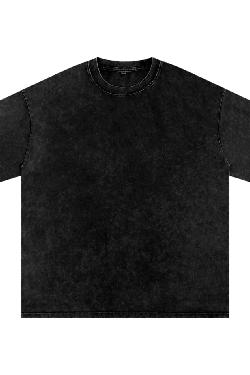 The Acid Wash Oversize T-Shirt - 250 GSM features a plain black, short-sleeve design with a vintage wash for an affordable touch of luxury. Laid flat on a white background, it showcases its subtly faded front.