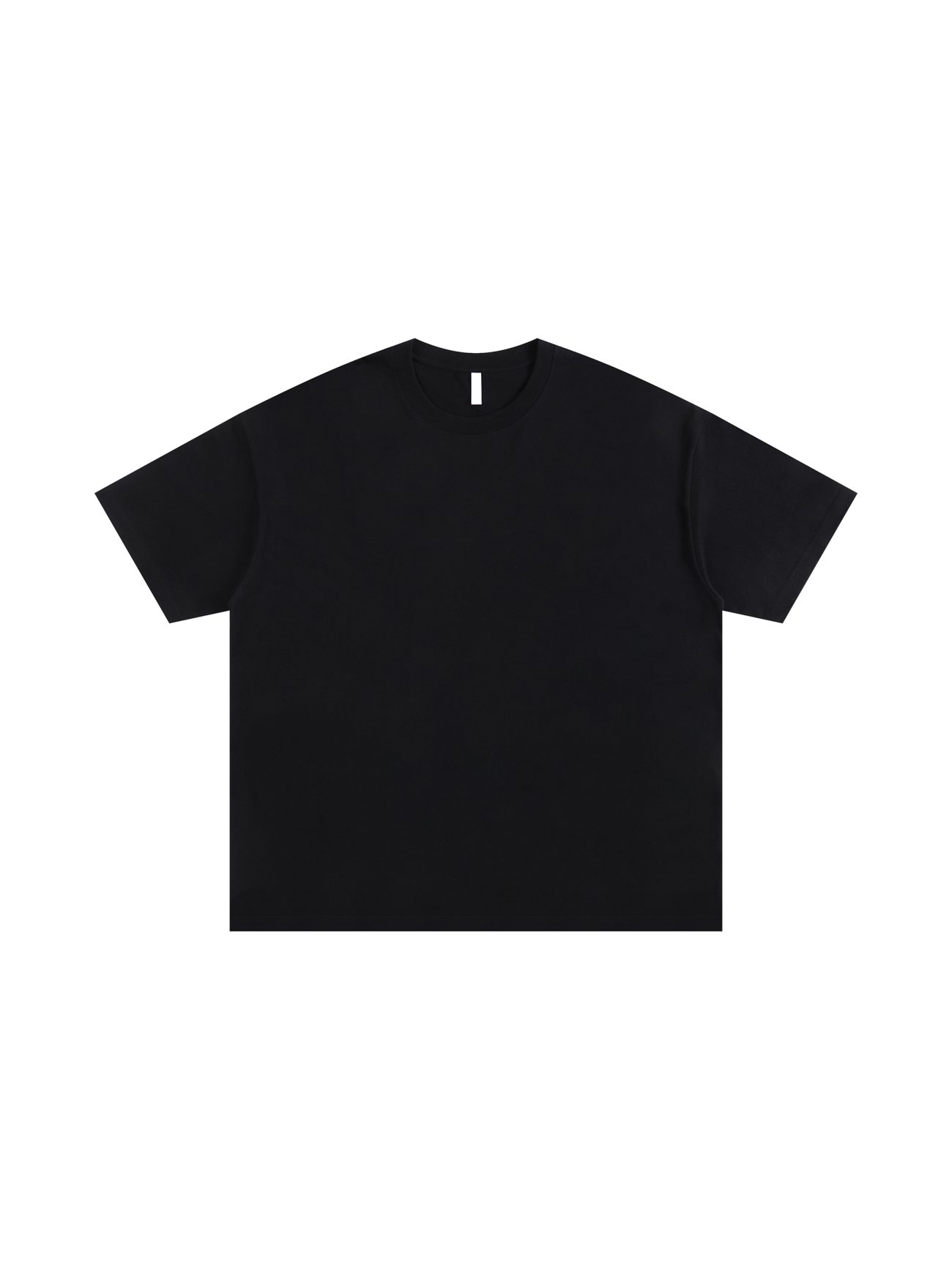 The Fusion Oversized T-shirt, a plain black short-sleeve tee with a crew neckline, is shown on a white background—an essential and affordable luxury staple for any wardrobe.