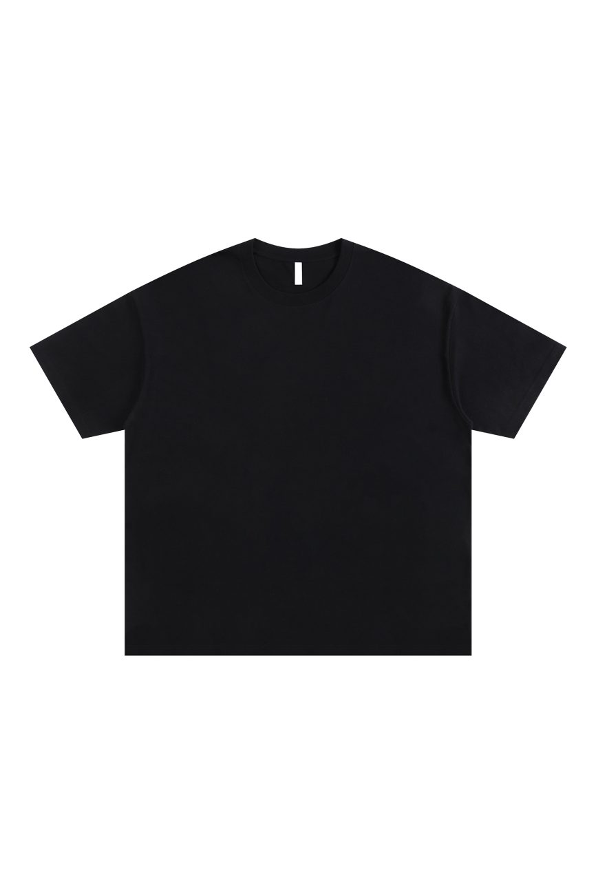 The Fusion Oversized T-shirt, a plain black short-sleeve tee with a crew neckline, is shown on a white background—an essential and affordable luxury staple for any wardrobe.