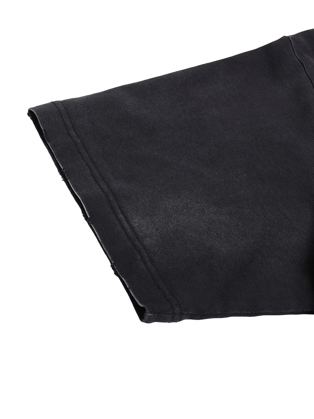 Close-up of the short sleeve on the Victim Vintage Washed Hand-Frayed T-Shirt, showcasing its unique stitching and textured black fabric against a white background—a true blend of affordable luxury and vintage style.