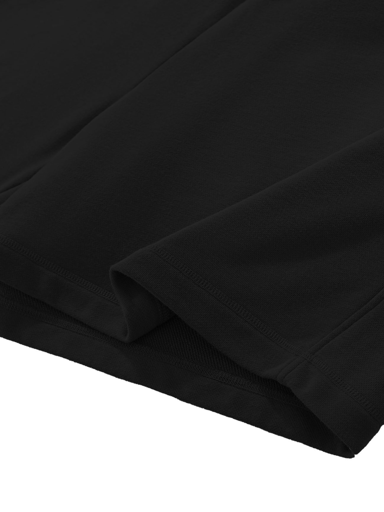 Close-up of the hem and fabric texture of our Sun Fade Raw Edge Cotton Shorts, highlighting clean stitching and smooth black cotton, with just the lower portion shown against a white background.
