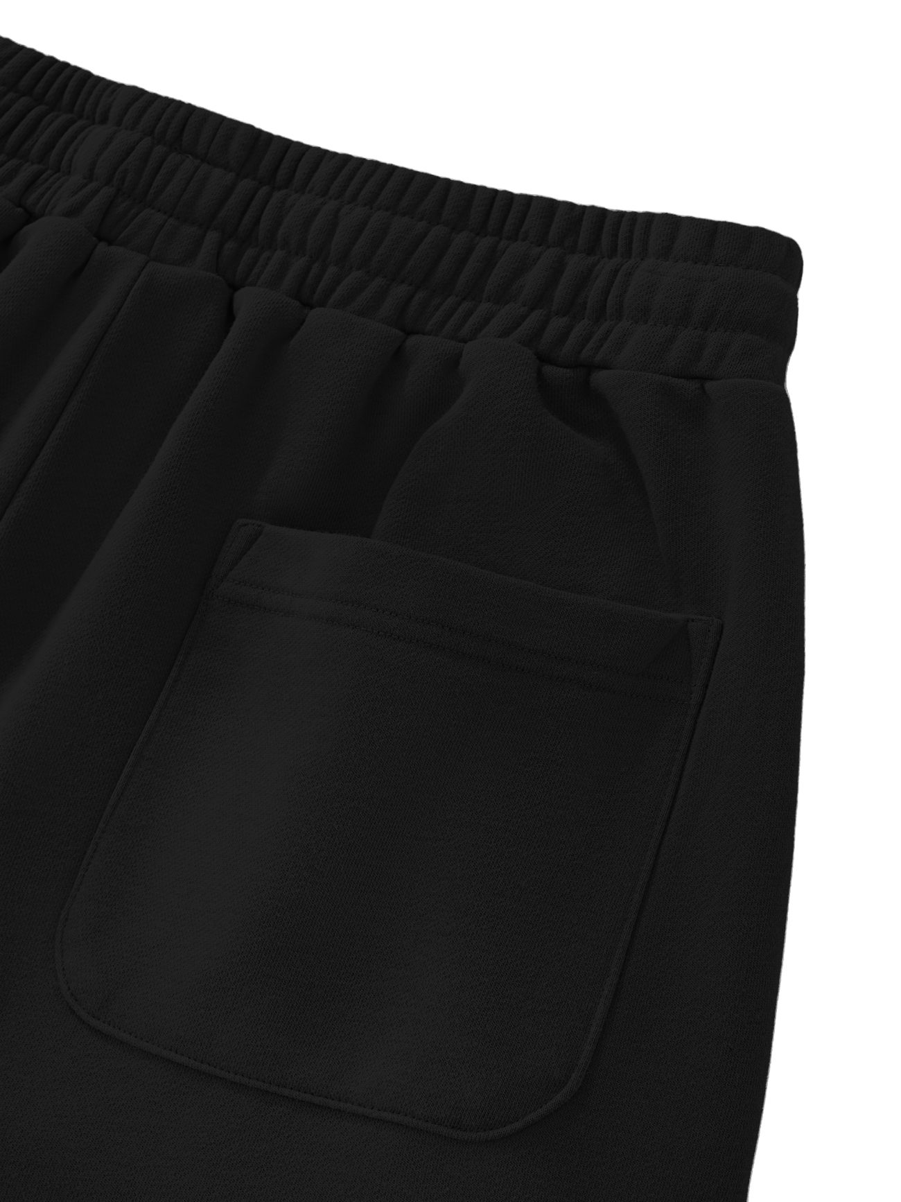 Close-up of the elastic waistband and single stitched patch pocket on Sun Fade Raw Edge Cotton Shorts, shown against a white background.
