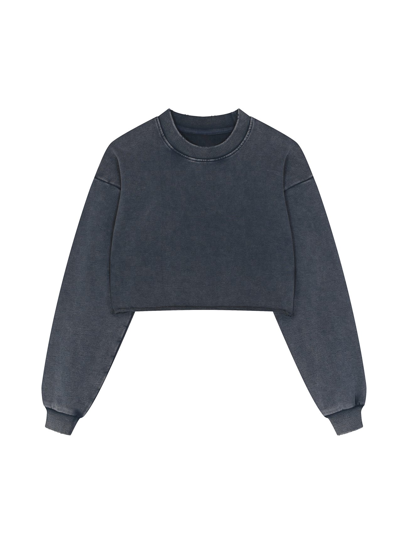 The Womens Snow Washed Raw Edge Cropped Sweatshirt in dark gray features long sleeves, ribbed cuffs and collar, and a trendy cropped fit—perfect for those seeking affordable luxury style.