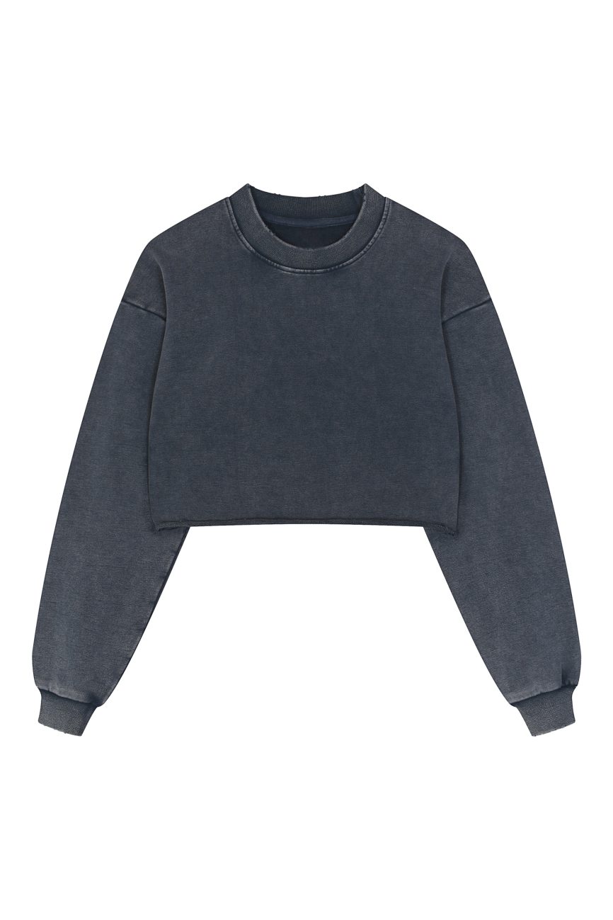 The Womens Snow Washed Raw Edge Cropped Sweatshirt in dark gray features long sleeves, ribbed cuffs and collar, and a trendy cropped fit—perfect for those seeking affordable luxury style.