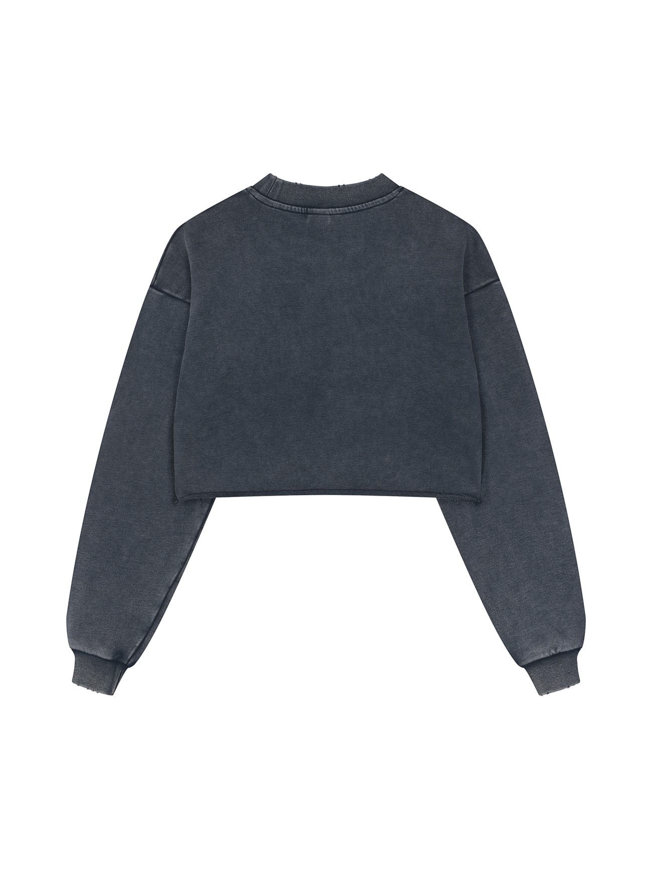 The Womens Snow Washed Raw Edge Cropped Sweatshirt in dark gray is shown laid flat, back up. Its ribbed collar, cuffs, hem, and washed finish offer effortless style and affordable luxury.