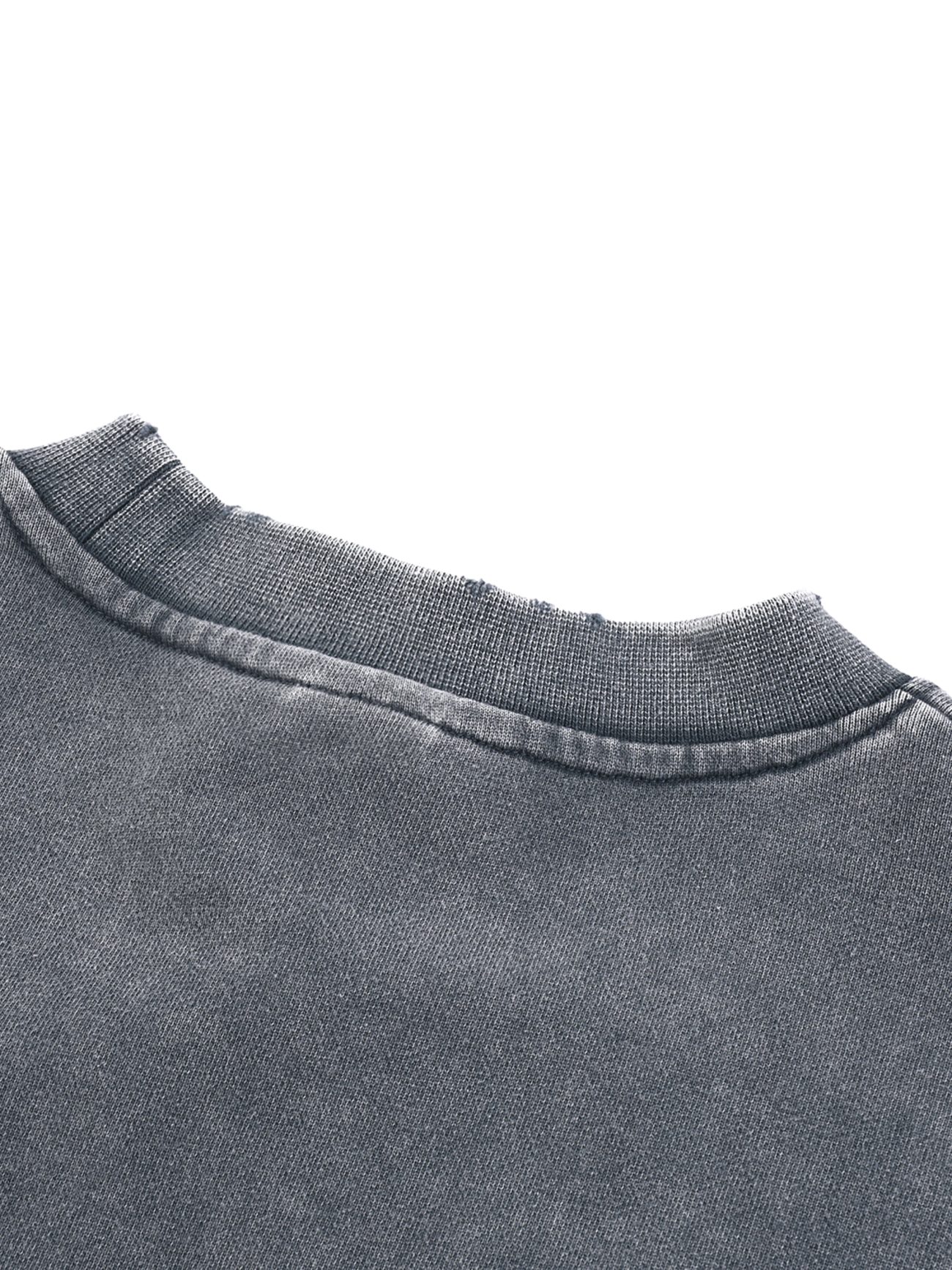 Close-up of the neckline and upper back of the Womens Snow Washed Raw Edge Cropped Sweatshirt, featuring textured gray fabric and visible stitching—an affordable luxury piece.