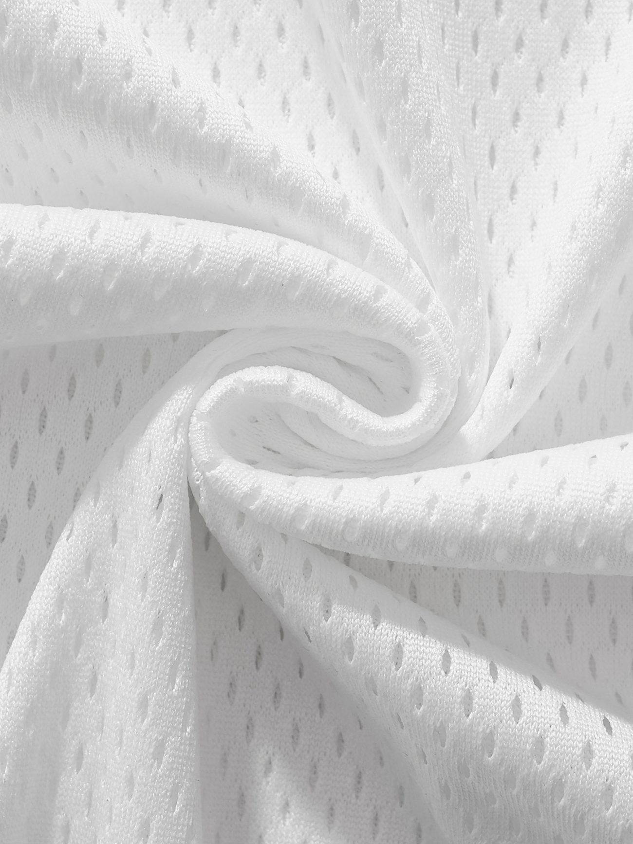 Close-up of the Fifteen - light Taped Mesh T-Shirt’s white, breathable mesh fabric, twisted in a spiral. Its lightweight, textured design with tiny holes is perfect for athletic or sportswear, offering comfort and affordable luxury.