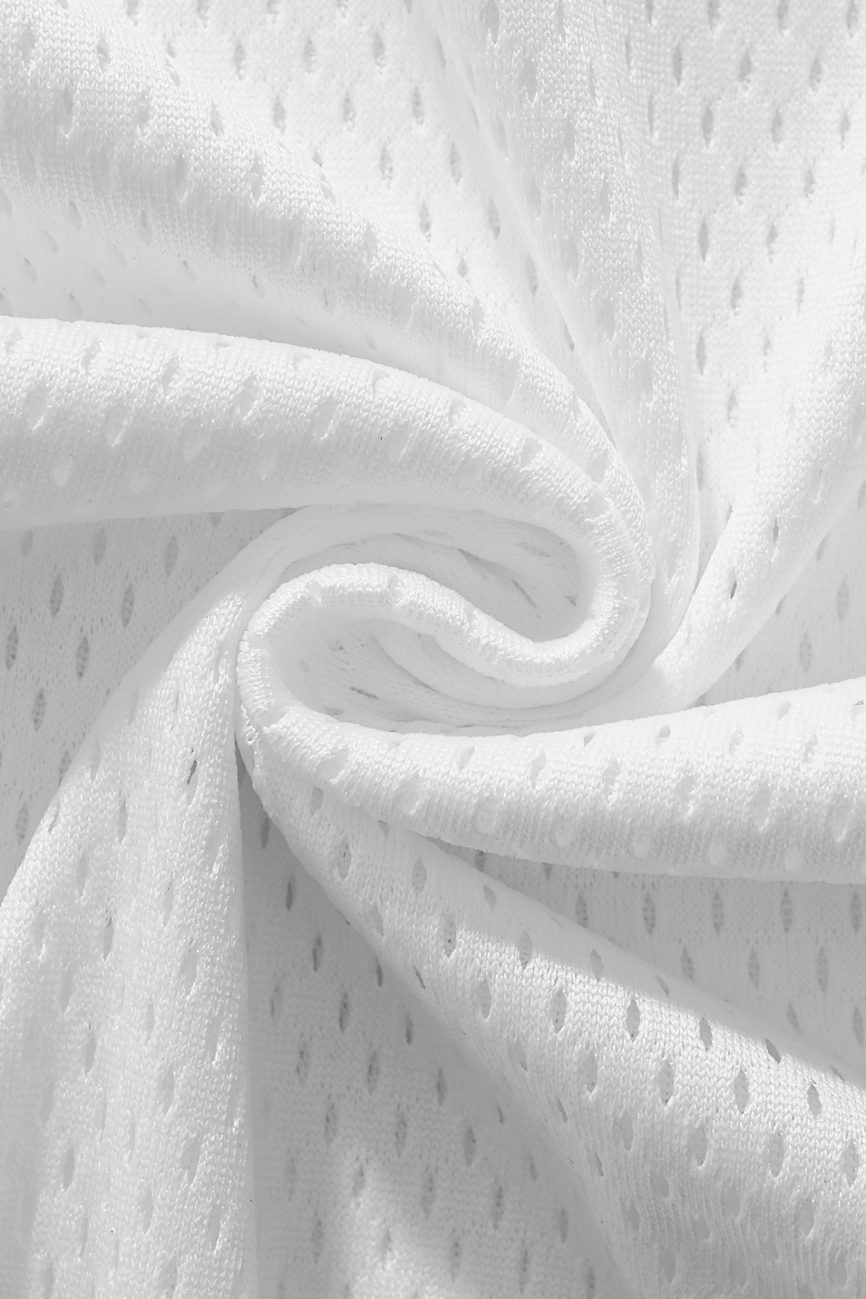 Close-up of the Fifteen - light Taped Mesh T-Shirt’s white, breathable mesh fabric, twisted in a spiral. Its lightweight, textured design with tiny holes is perfect for athletic or sportswear, offering comfort and affordable luxury.