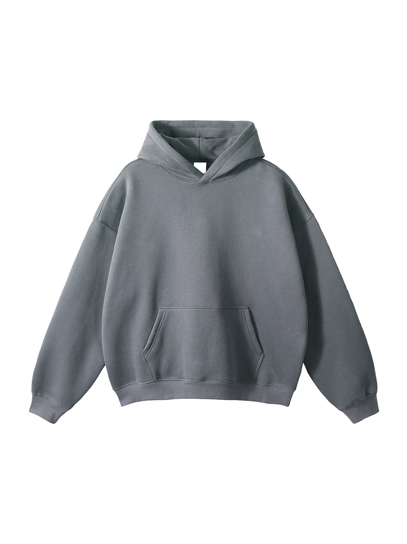 The Light Fusion - Oversize Fleeced Hoodie is an affordable luxury essential in plain gray, featuring a roomy fit, front kangaroo pocket, and hood—all shown on a white background.