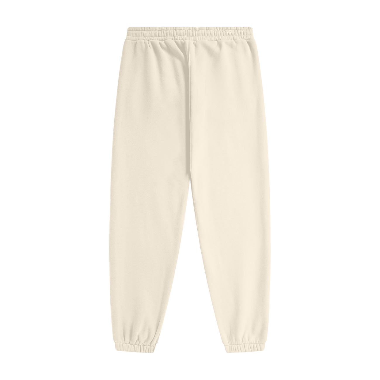 Back view of plain, cream-colored Streetwear Unisex Fleece Joggers with elastic waistband and cuffs, shown on a white background—an ideal blend of comfort and style from our Affordable Luxury Clothing collection.