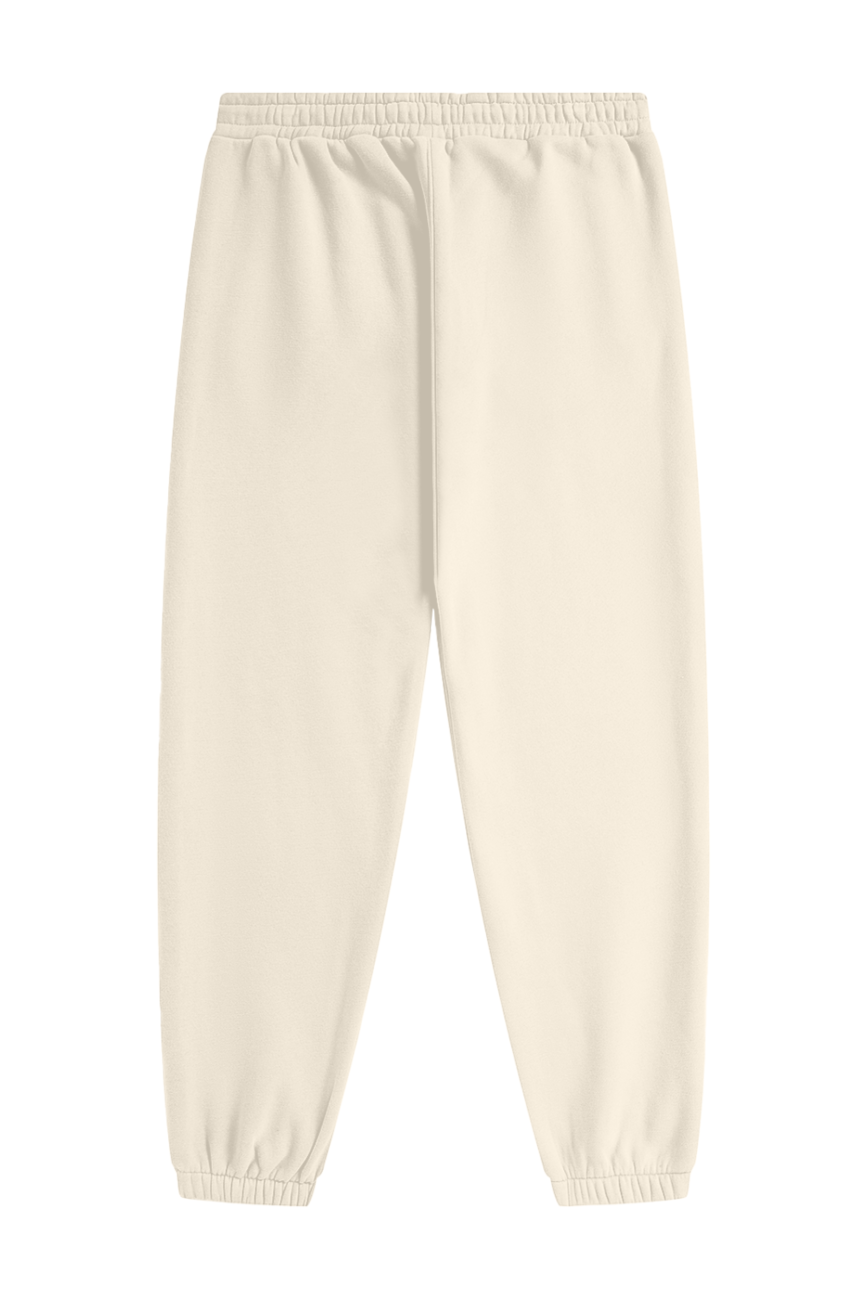 Back view of plain, cream-colored Streetwear Unisex Fleece Joggers with elastic waistband and cuffs, shown on a white background—an ideal blend of comfort and style from our Affordable Luxury Clothing collection.