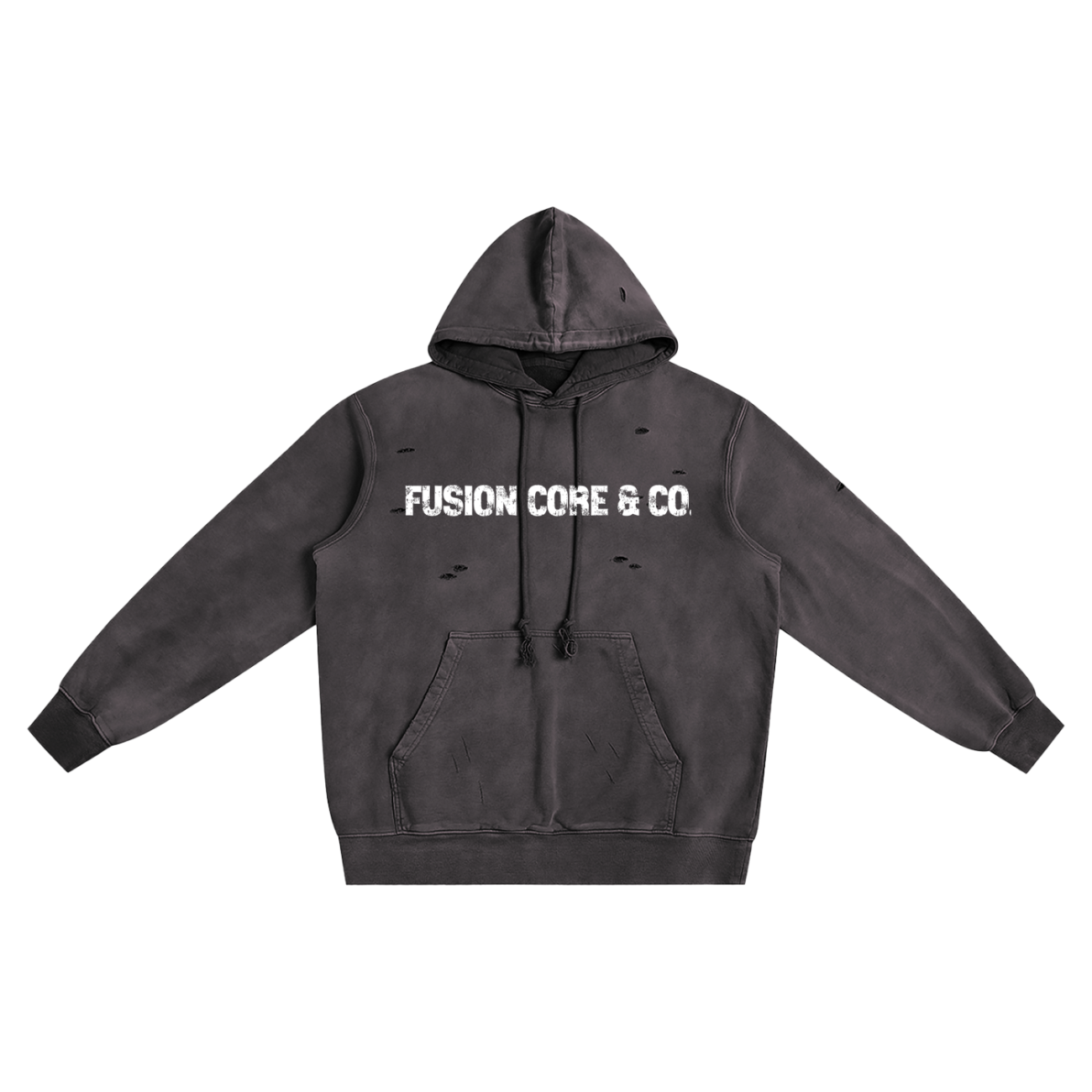 The Company Heavyweight Pure Cotton Hand-Frayed Monkey Washed Hoodie features a front pocket, subtle distress details, and bold white “FUSION CORE & CO.” text—blending affordable luxury with everyday comfort.