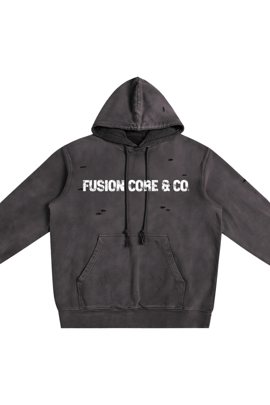 The Company Heavyweight Pure Cotton Hand-Frayed Monkey Washed Hoodie features a front pocket, subtle distress details, and bold white “FUSION CORE & CO.” text—blending affordable luxury with everyday comfort.