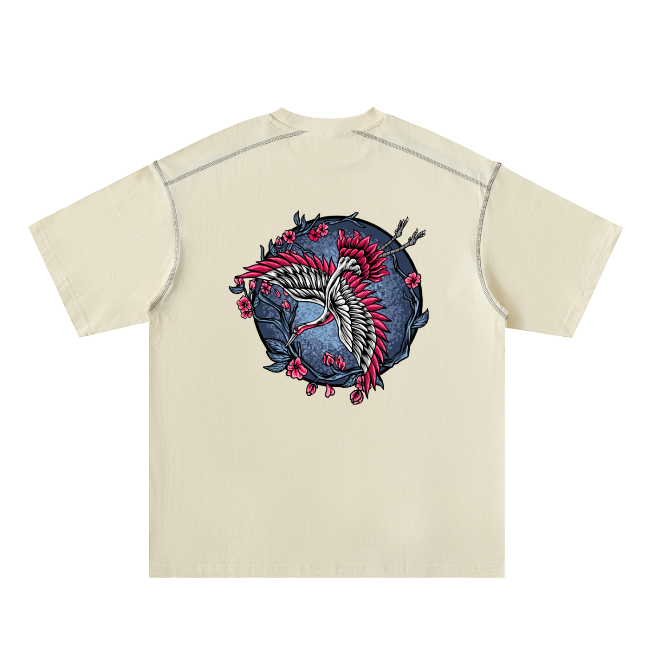 The Crane - Oversized Contrast-Stitched Cotton Tee features a beige color and a circular back design with two stylized cranes, red accents, pink cherry blossoms, and dark blue foliage—an affordable luxury piece for your wardrobe.