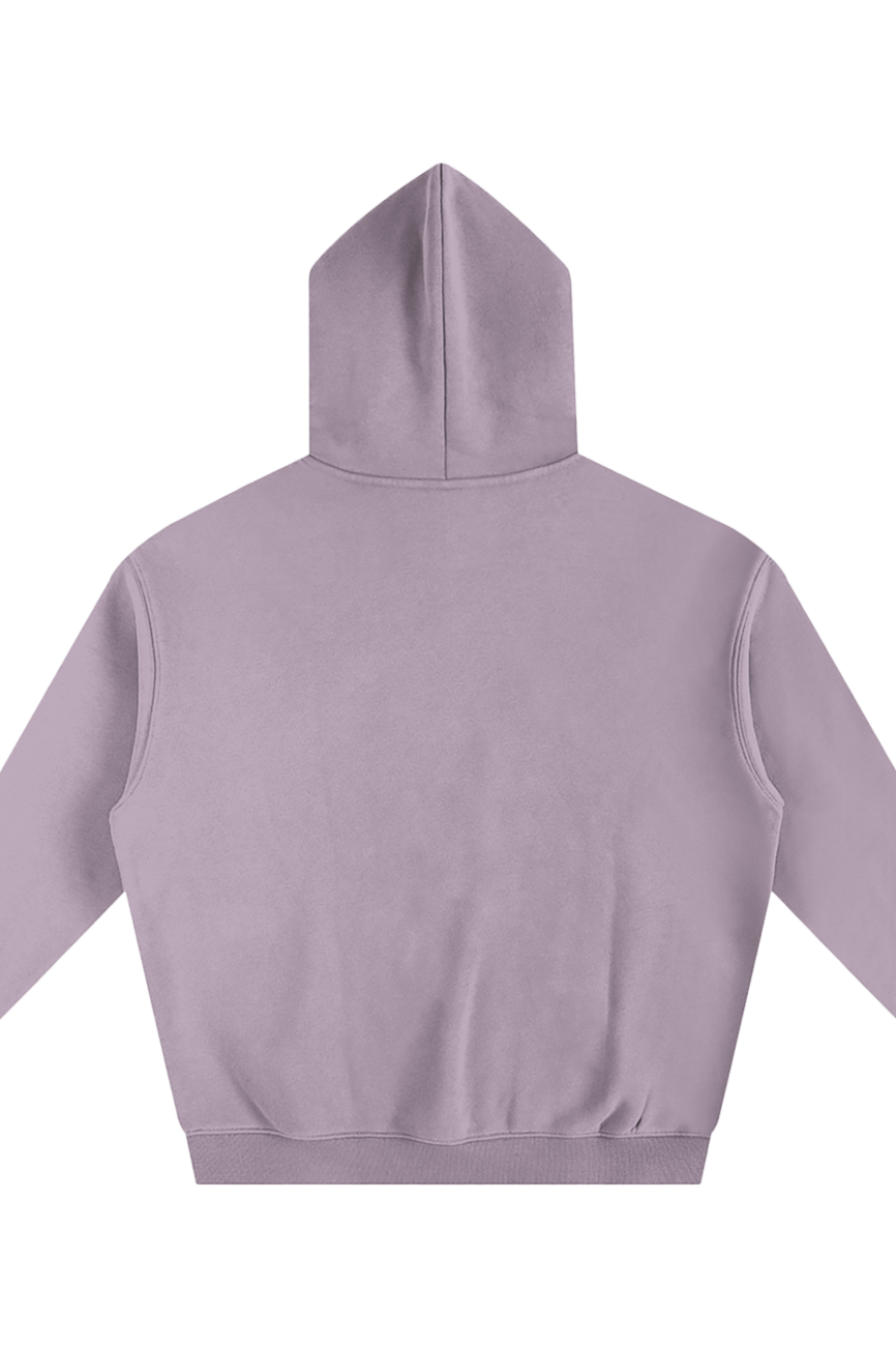 The Fusion Oversize Fleeced Hoodie in light purple is shown laid flat with the back up, highlighting its hood, long sleeves, and ribbed cuffs and hem—showcasing affordable luxury against a white background.