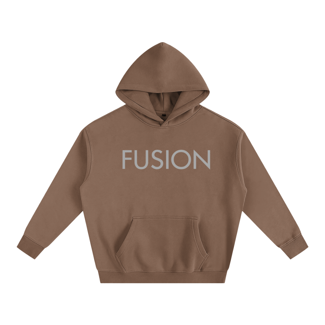 The Fusion Oversize Fleeced Hoodie features a brown color, hood, front pocket, and long sleeves. FUSION is printed in large light gray letters across the chest, offering affordable luxury and comfort for your wardrobe.