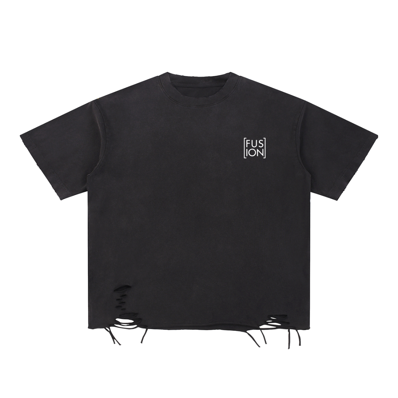 The Fusion Snow Washed Raw-Hem T-Shirt is a black short-sleeve tee with a small white FUSION logo on the chest and distressed holes near the hem, offering affordable luxury style with an edgy flair.