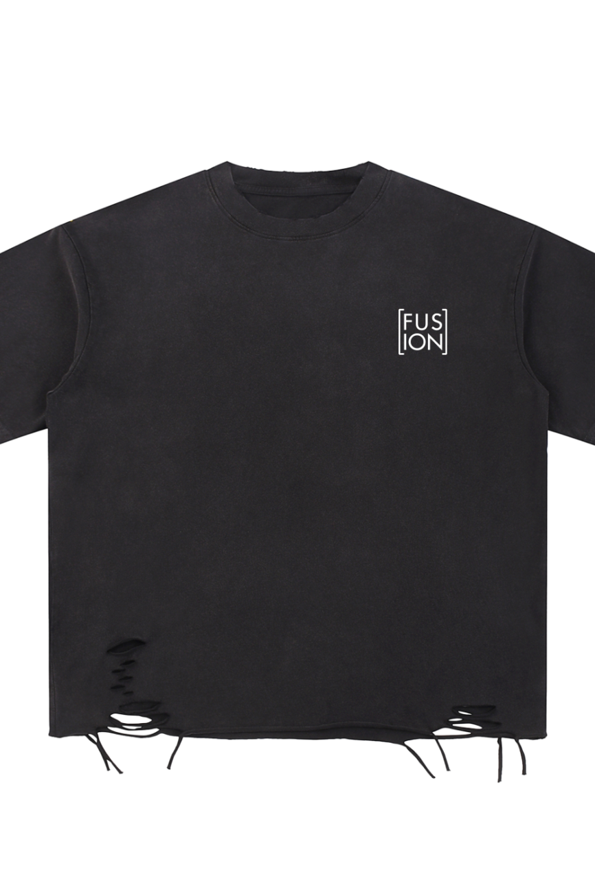 The Fusion Snow Washed Raw-Hem T-Shirt is a black short-sleeve tee with a small white FUSION logo on the chest and distressed holes near the hem, offering affordable luxury style with an edgy flair.