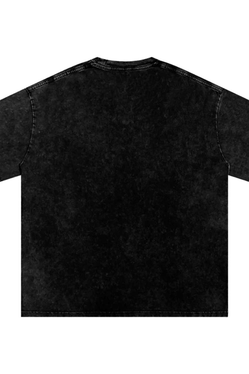 The Acid Wash Oversize T-Shirt - 250 GSM features a plain black, short-sleeve design with a washed, slightly faded texture, shown from the back against a white background—a timeless piece of affordable luxury.
