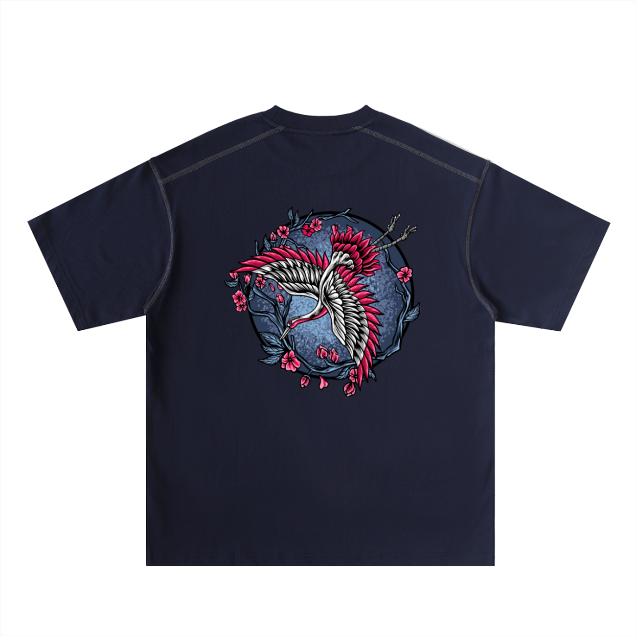 The Crane - Oversized Contrast-Stitched Cotton Tee features a navy blue color with a large, vibrant back design of two white cranes with red accents, surrounded by pink cherry blossoms—an affordable luxury statement piece.