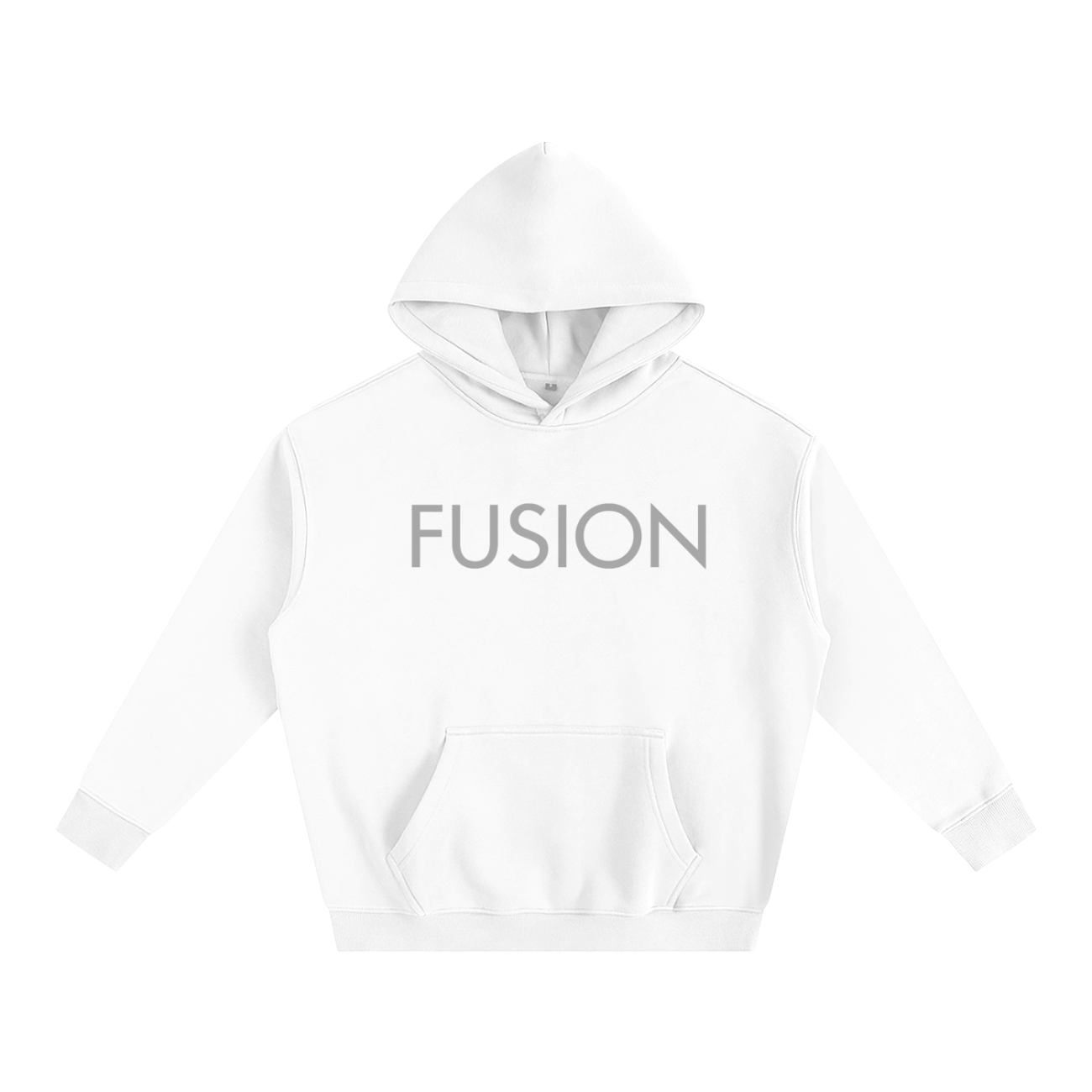 The Fusion Oversize Fleeced Hoodie is a white, hooded sweatshirt with “FUSION” in large, light gray letters on the chest. It offers affordable luxury and comfort, featuring a front pocket and long sleeves.