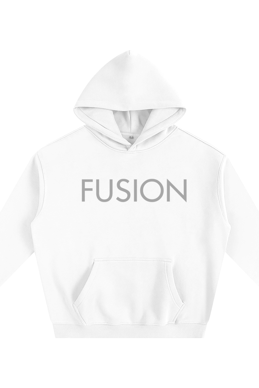 The Fusion Oversize Fleeced Hoodie is a white, hooded sweatshirt with “FUSION” in large, light gray letters on the chest. It offers affordable luxury and comfort, featuring a front pocket and long sleeves.