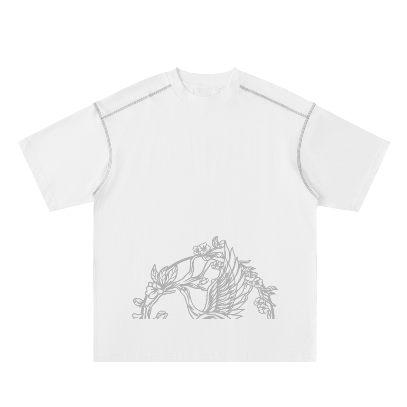 The Crane - Oversized Contrast-Stitched Cotton Tee is a white short-sleeve shirt with a light gray bird and floral line drawing on the lower front—perfect for those who appreciate affordable luxury fashion.