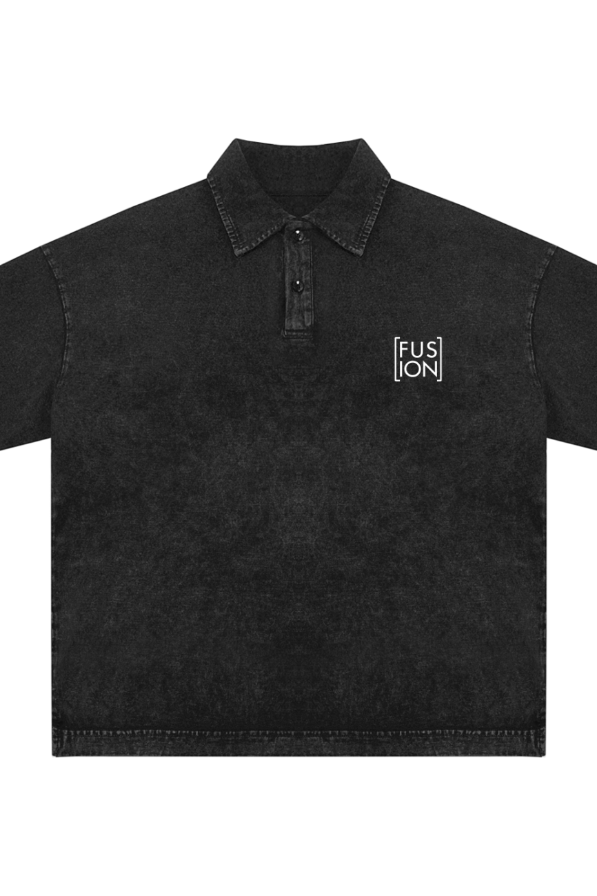 The Heavyweight Snow-Washed Polo T-Shirt is a black, short-sleeve polo with a collar and three buttons. Part of our Affordable Luxury Clothing line, it features FUSION in white on the left chest inside a vertical rectangle.