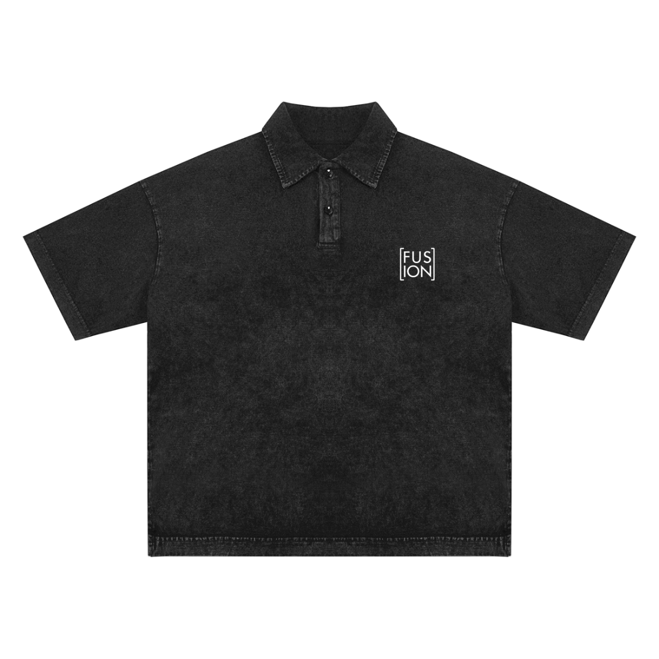 The Fusion Heavyweight Snow-Washed Polo T-Shirt is an affordable, luxurious black short-sleeve polo with a collar, three buttons, and “FUSION” in white text on the left chest.
