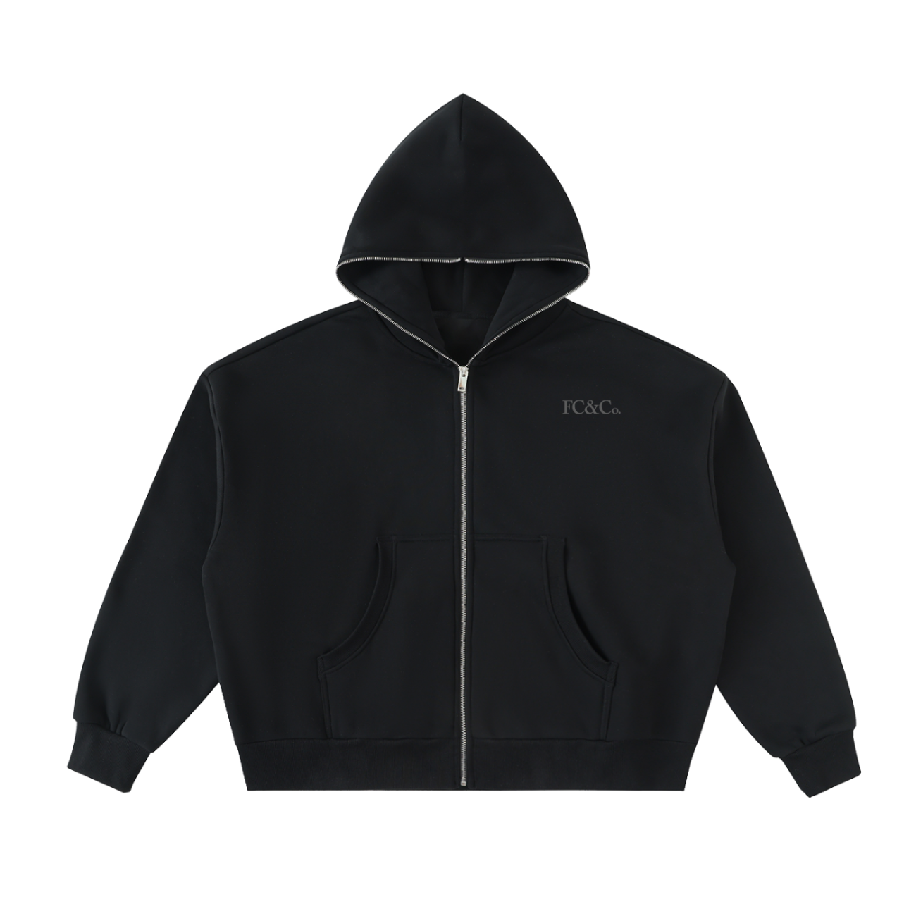 The FC&Co. Fleeced Full-Zip Boxy Hoodie features a black zip-up design with front pockets, hood, and small white FC&Co. print on the left chest—an affordable luxury essential for everyday wear.