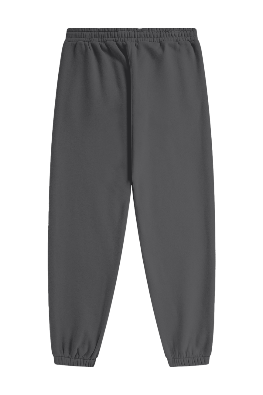 Streetwear Unisex Fleece Joggers in dark gray, featuring an elastic waistband and cuffed ankles, offer affordable luxury and are displayed on a plain white background.