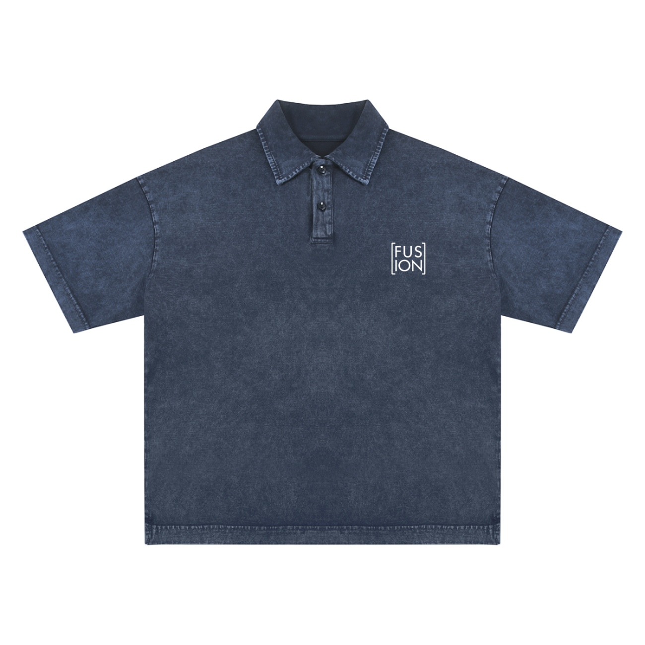 The Fusion Heavyweight Snow-Washed Polo T-Shirt is a dark blue, short-sleeve denim polo with a collar and three buttons. FUSION in white stylized text is printed on the left chest—an ideal choice for affordable luxury style.