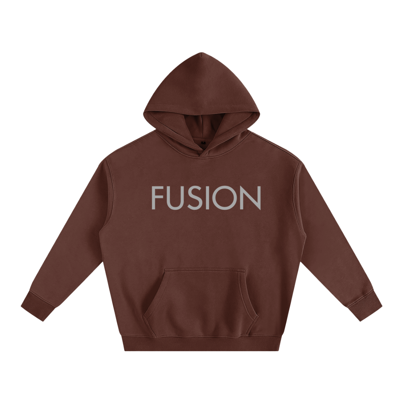 The Fusion Oversize Fleeced Hoodie is a brown sweatshirt featuring a hood, front pocket, and FUSION in bold light gray letters—bringing affordable luxury to your everyday style.