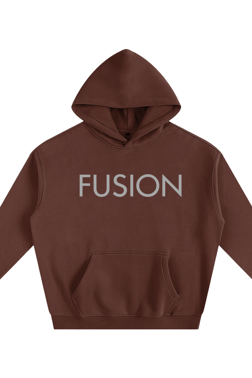 The Fusion Oversize Fleeced Hoodie is a brown sweatshirt featuring a hood, front pocket, and FUSION in bold light gray letters—bringing affordable luxury to your everyday style.