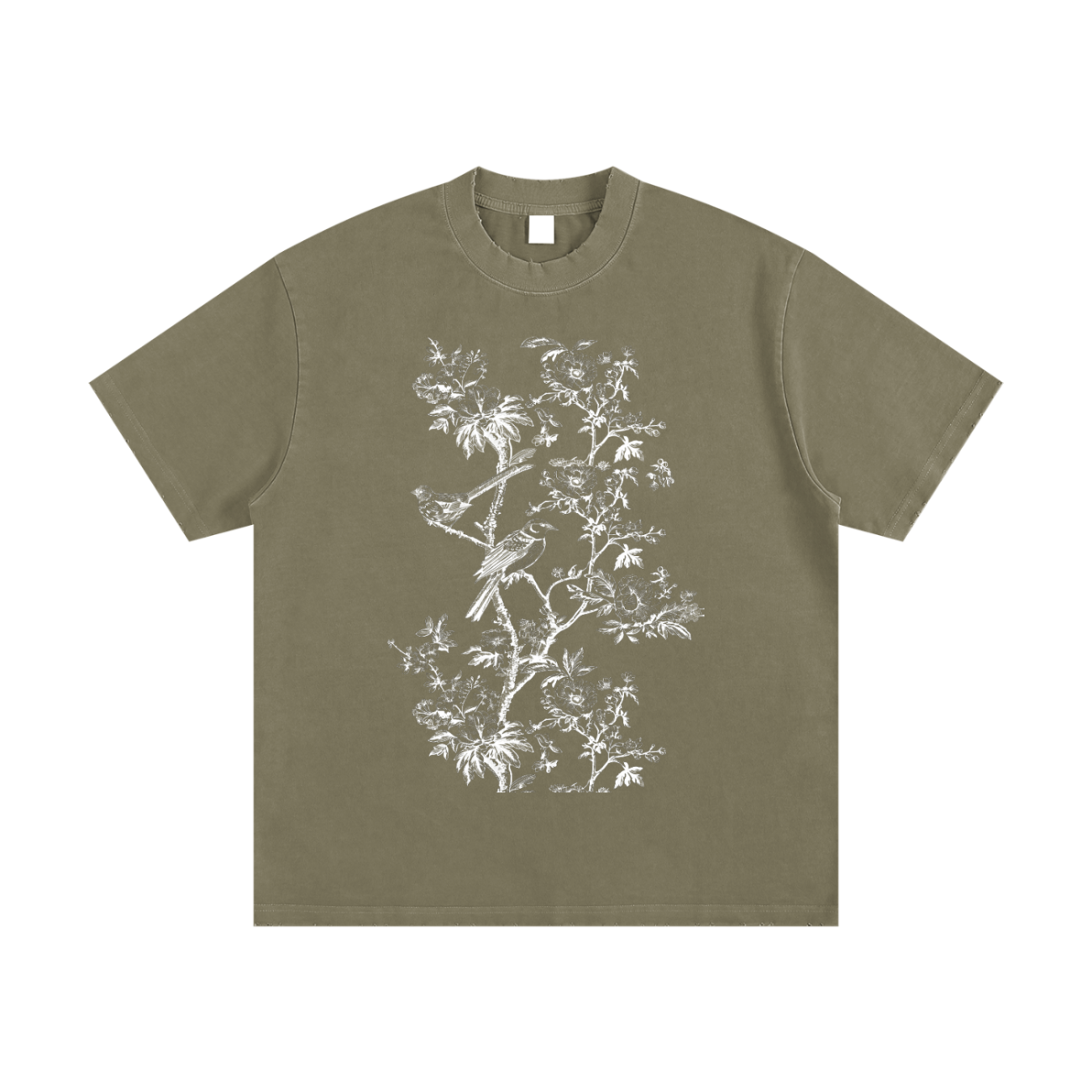 Experience affordable luxury with the Toile De Jouy Heavyweight Vintage Washed Frayed T-Shirt in olive green, featuring an oversized fit and a white botanical illustration of birds and branches on the front.