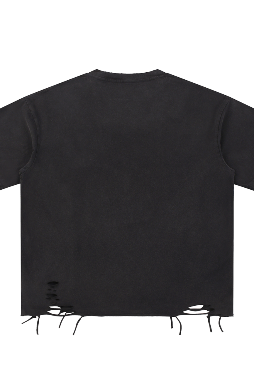 The Fusion Snow Washed Raw-Hem T-Shirt is a black short-sleeve tee with a plain back, distressed details, and small rips near the bottom hem—an eye-catching piece in affordable luxury fashion.