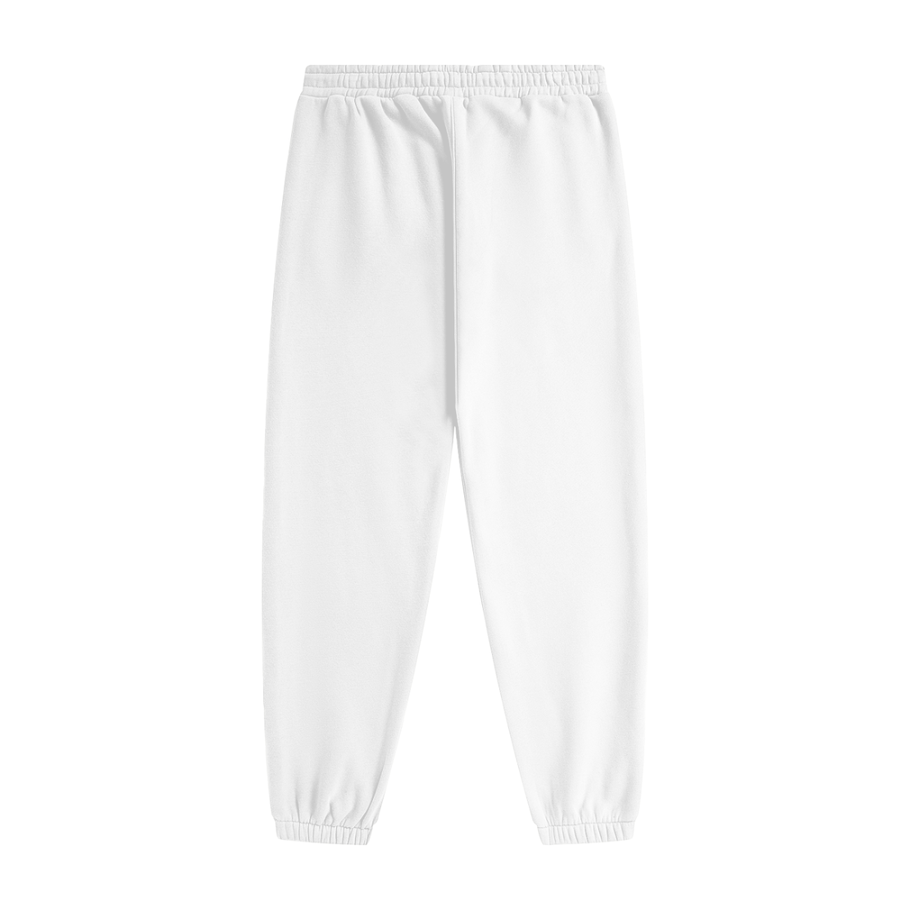 The Streetwear Unisex Fleece Joggers feature a simple white design with an elastic waistband and cuffs, shown flat from the back on a white background—ideal for anyone seeking affordable luxury.