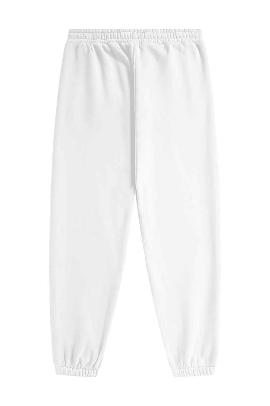 The Streetwear Unisex Fleece Joggers feature a simple white design with an elastic waistband and cuffs, shown flat from the back on a white background—ideal for anyone seeking affordable luxury.