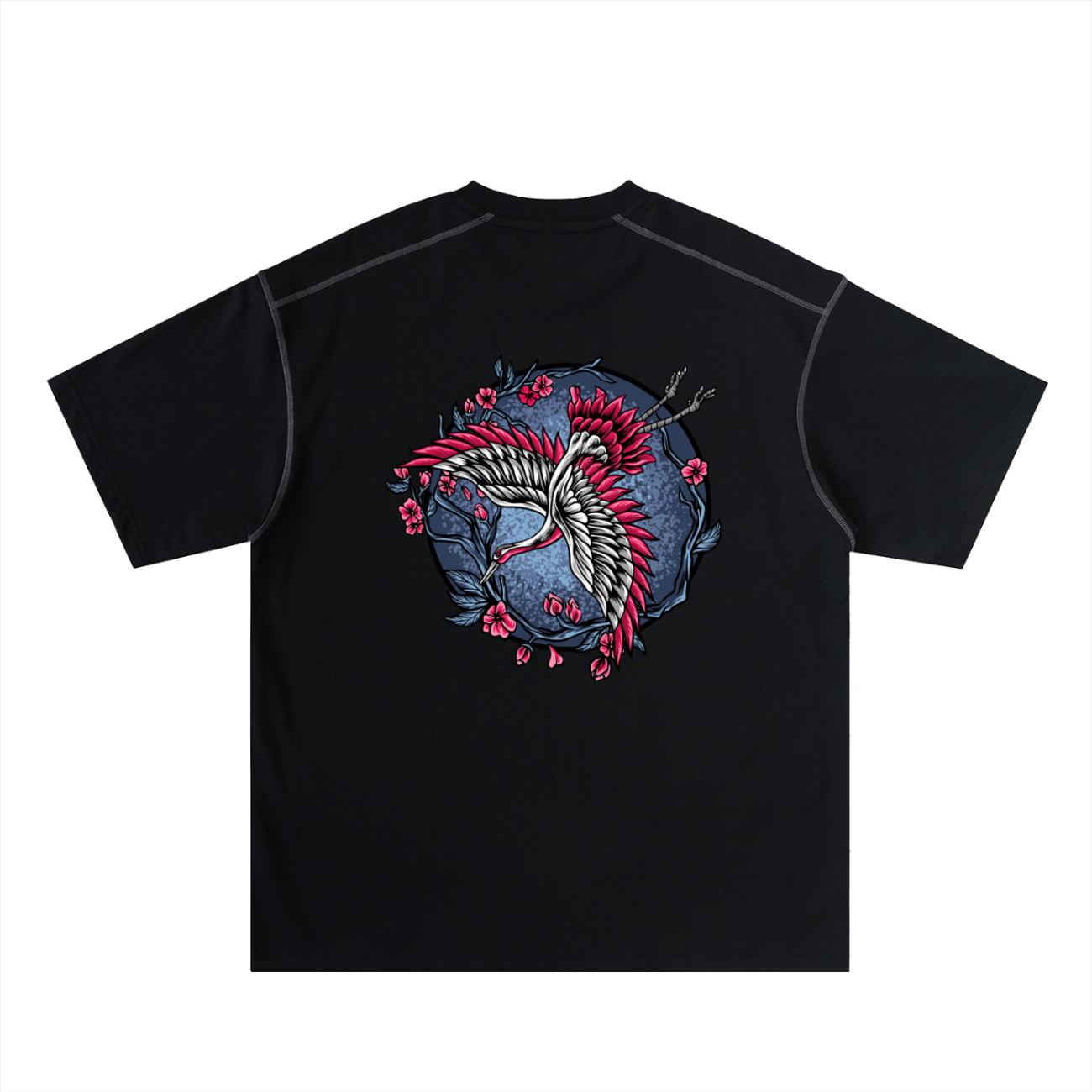 Discover affordable luxury with the Crane - Oversized Contrast-Stitched Cotton Tee in black, showcasing a white crane with red accents, pink flowers, and branches on a blue circle backdrop on the back.