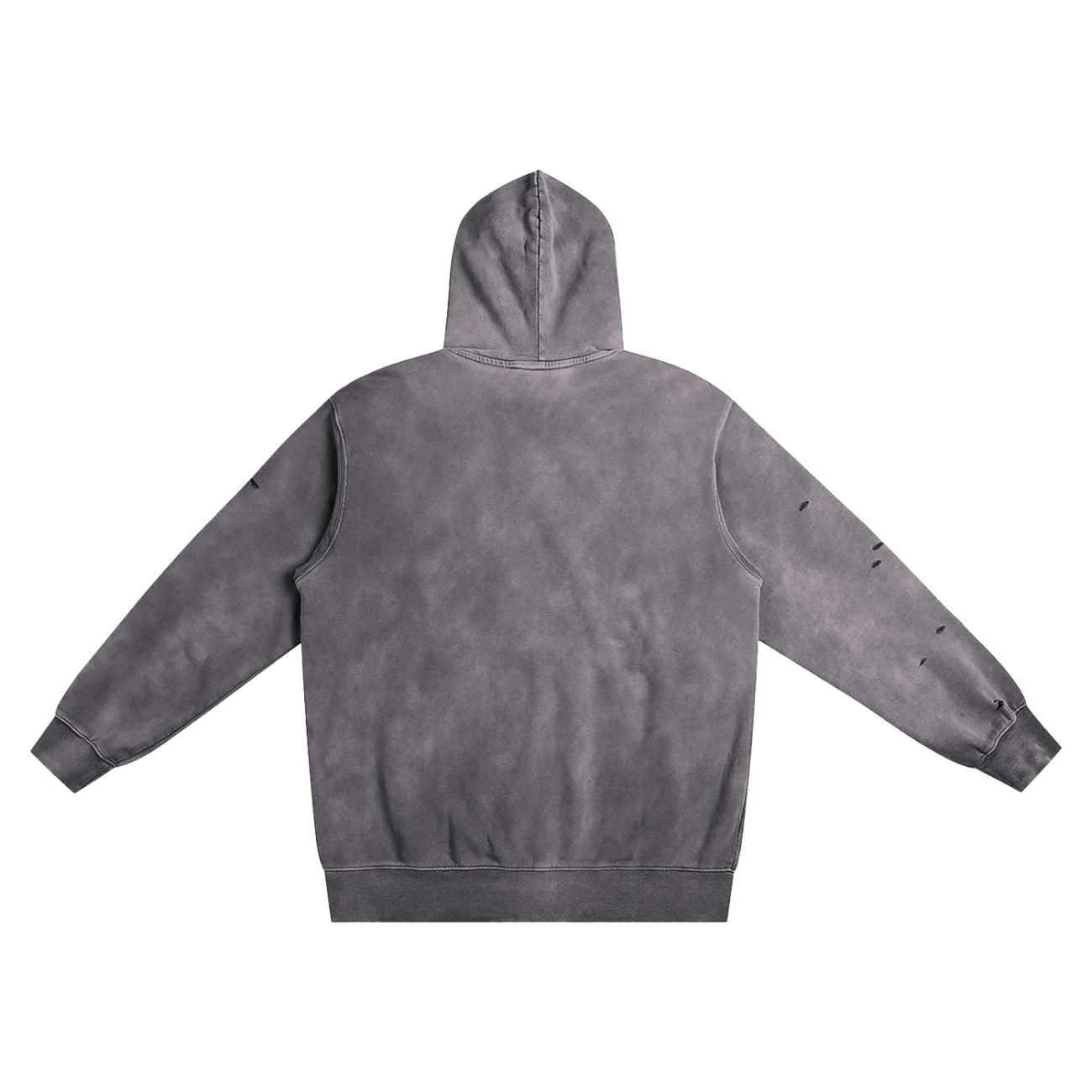 The Company Heavyweight Pure Cotton Hand-Frayed Monkey Washed Hoodie is shown from the back in faded gray, featuring a relaxed fit and distressed right sleeve—perfect affordable luxury on a plain white background.