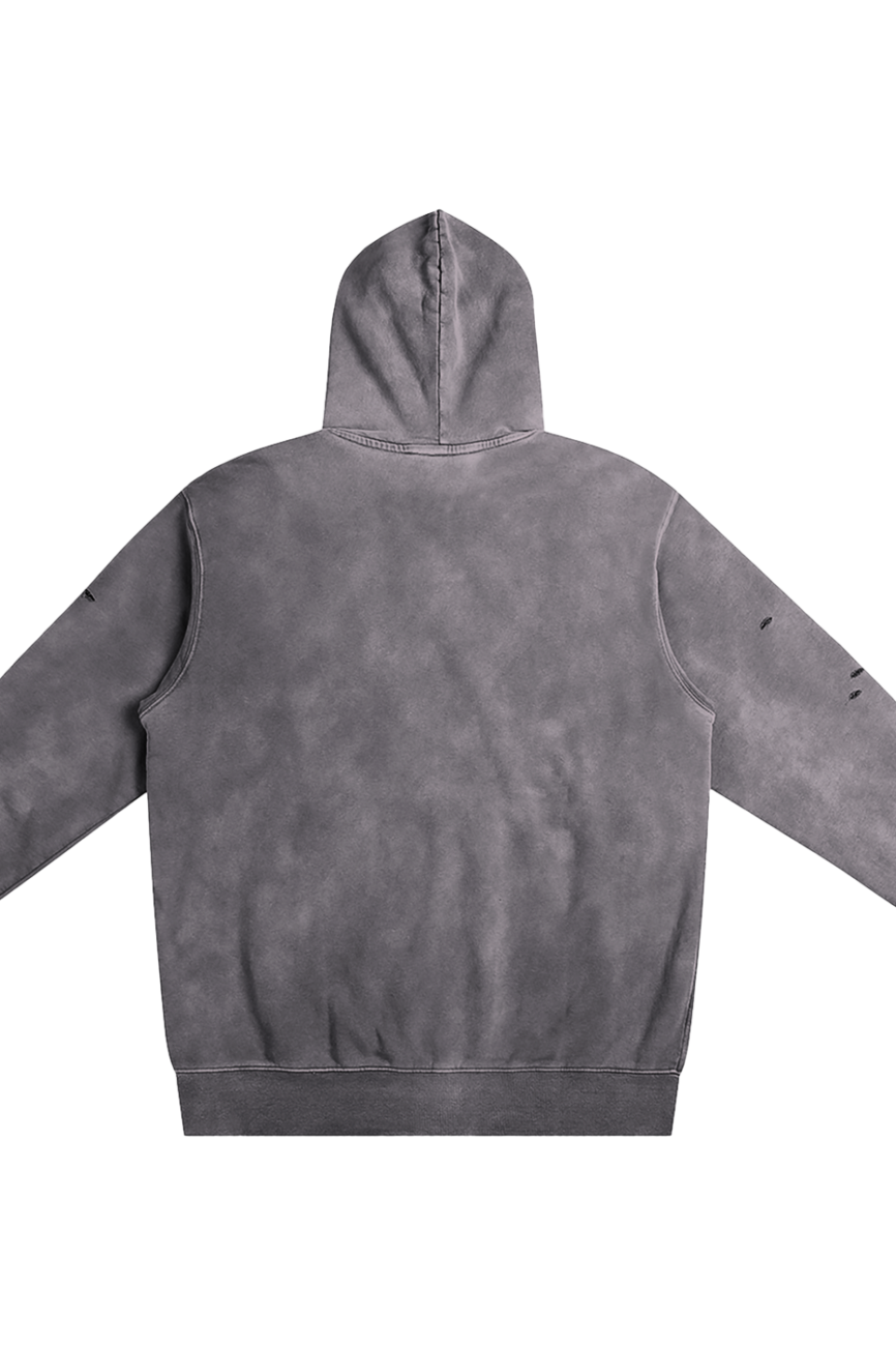 The Company Heavyweight Pure Cotton Hand-Frayed Monkey Washed Hoodie is shown from the back in faded gray, featuring a relaxed fit and distressed right sleeve—perfect affordable luxury on a plain white background.