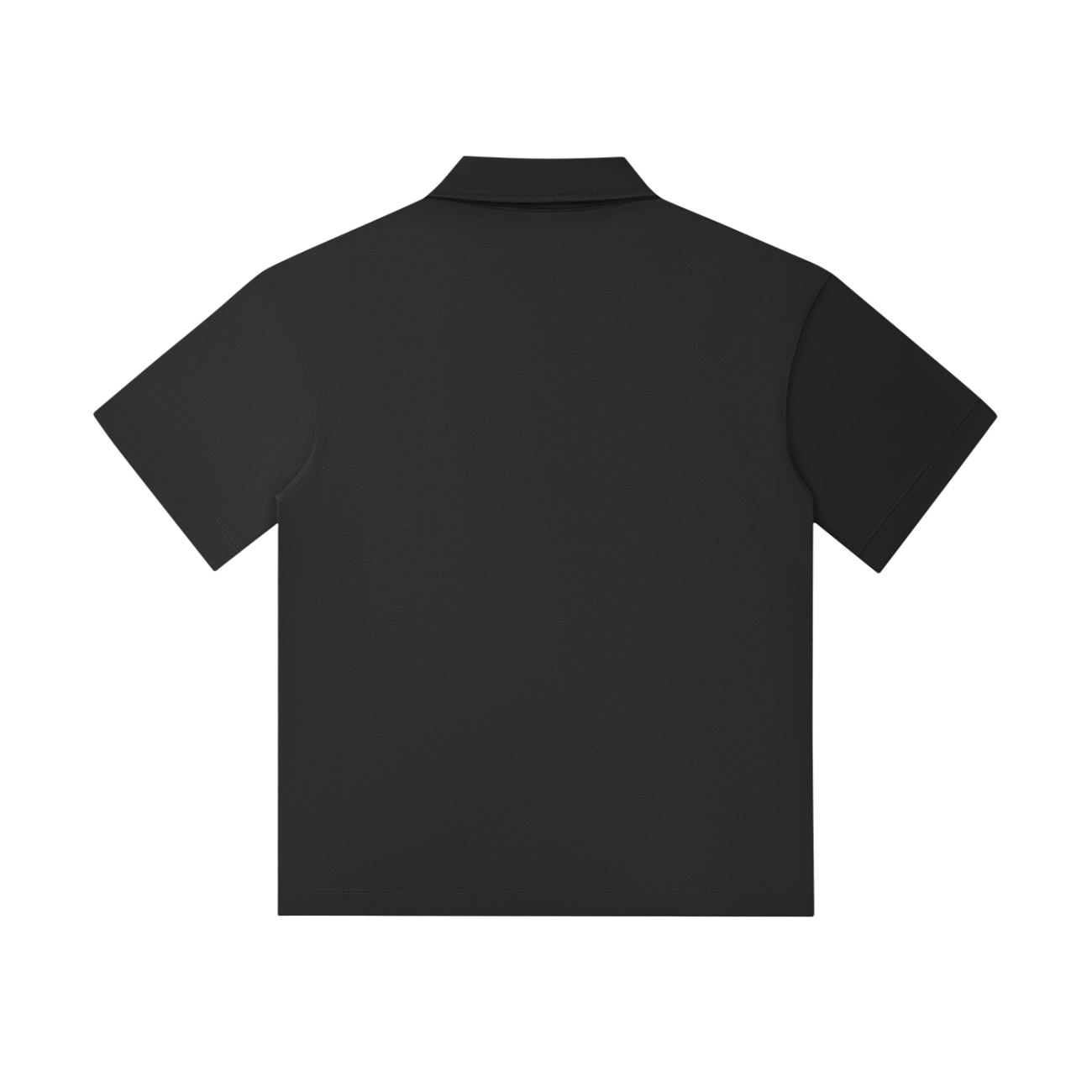 The Drop Shoulder Short-Sleeve Polo is shown from the back in plain black, with a simple collar and no visible logos or designs—an ideal choice for those seeking affordable luxury clothing.