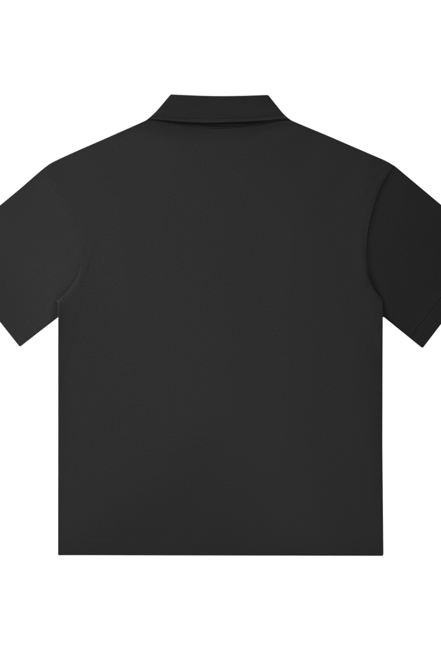 The Drop Shoulder Short-Sleeve Polo is shown from the back in plain black, with a simple collar and no visible logos or designs—an ideal choice for those seeking affordable luxury clothing.