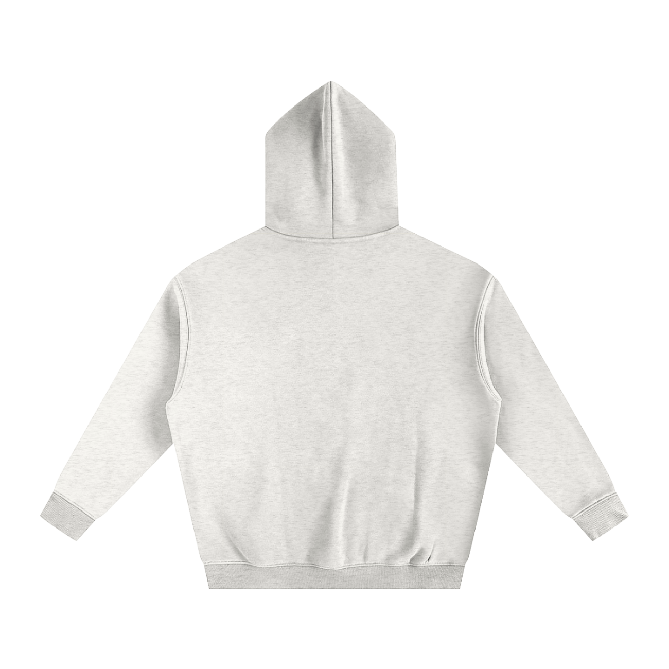 The Fusion Oversize Fleeced Hoodie is shown flat with the back side visible. This light gray, affordable luxury piece has long sleeves, ribbed cuffs and hem, and a minimalist look with no visible logo or design.