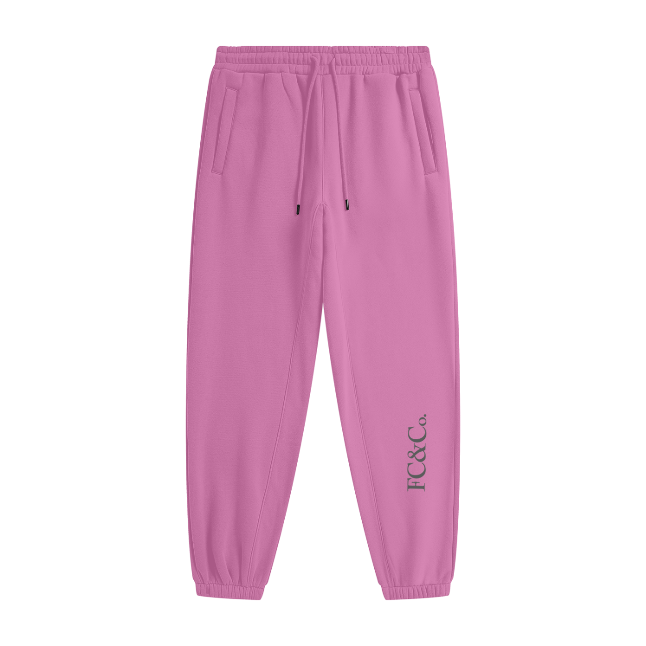 Streetwear Unisex Fleece Joggers in pink feature an elastic waistband, drawstring, and side pockets. FC&Co. in black accents the left ankle—ideal for those seeking affordable luxury and everyday comfort.